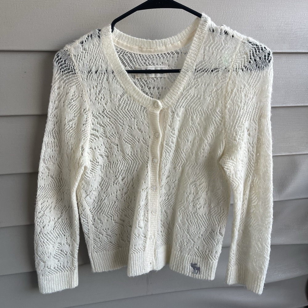 Abercrombie & Fitch Cream Lacy Wool Cardigan Sweater S Button Up Lightweight Y2K